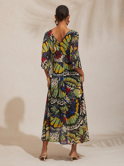 Jungle Butterfly Flowy Chiffon Maxi Dress