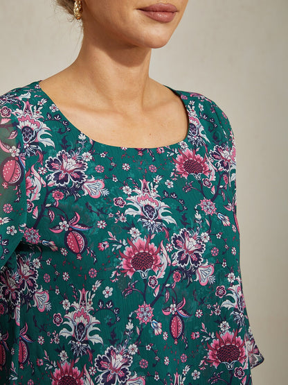 Floral Print Sheer Flowy Chiffon Blouse