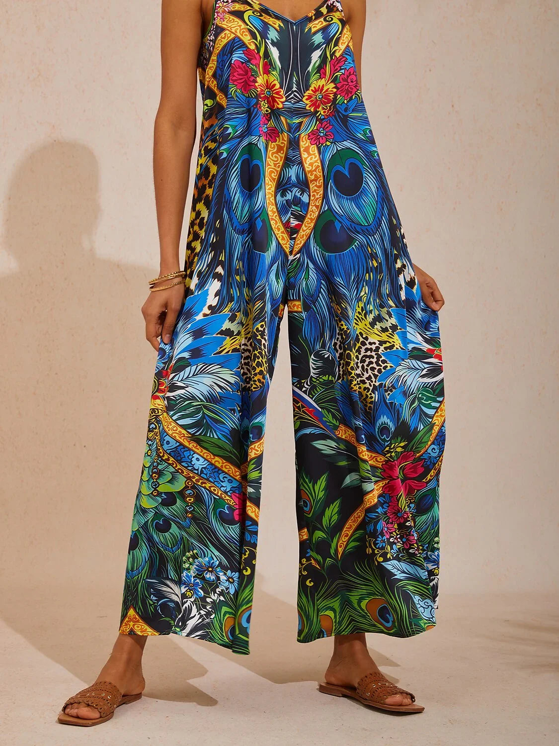 Jungle Wild Party Silky Satin Feather Jumpsuit