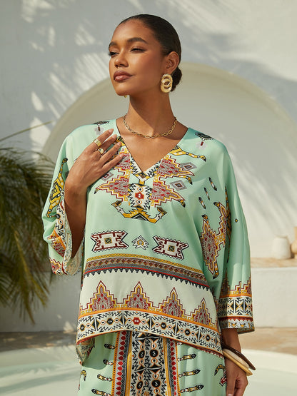 Ethnic Totem Silky Satin Sleeve Batwing Top