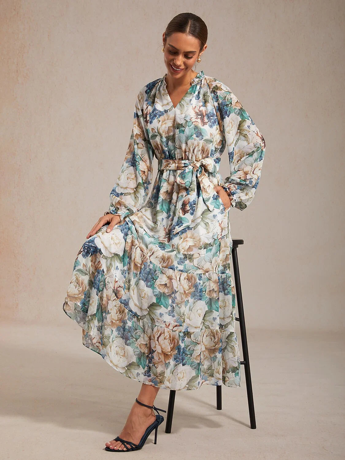 Floral Print Flowy Chiffon Vacation Maxi Dress