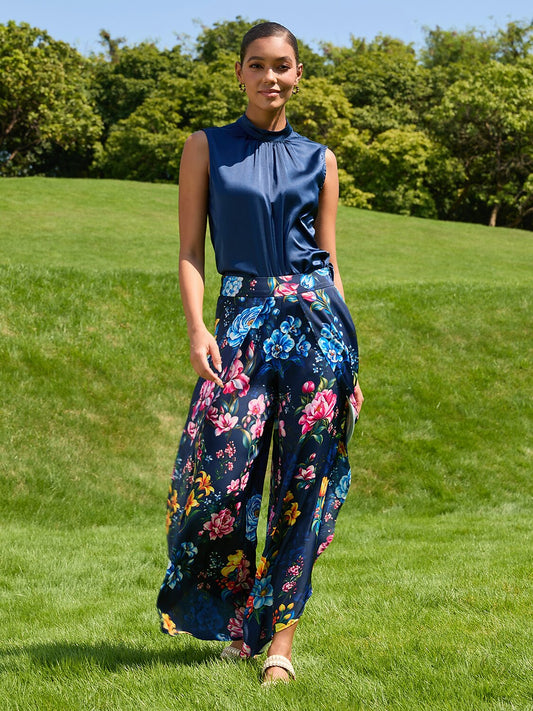 Sapphire Rose Garden Silky Satin Slit Wide Leg Pants