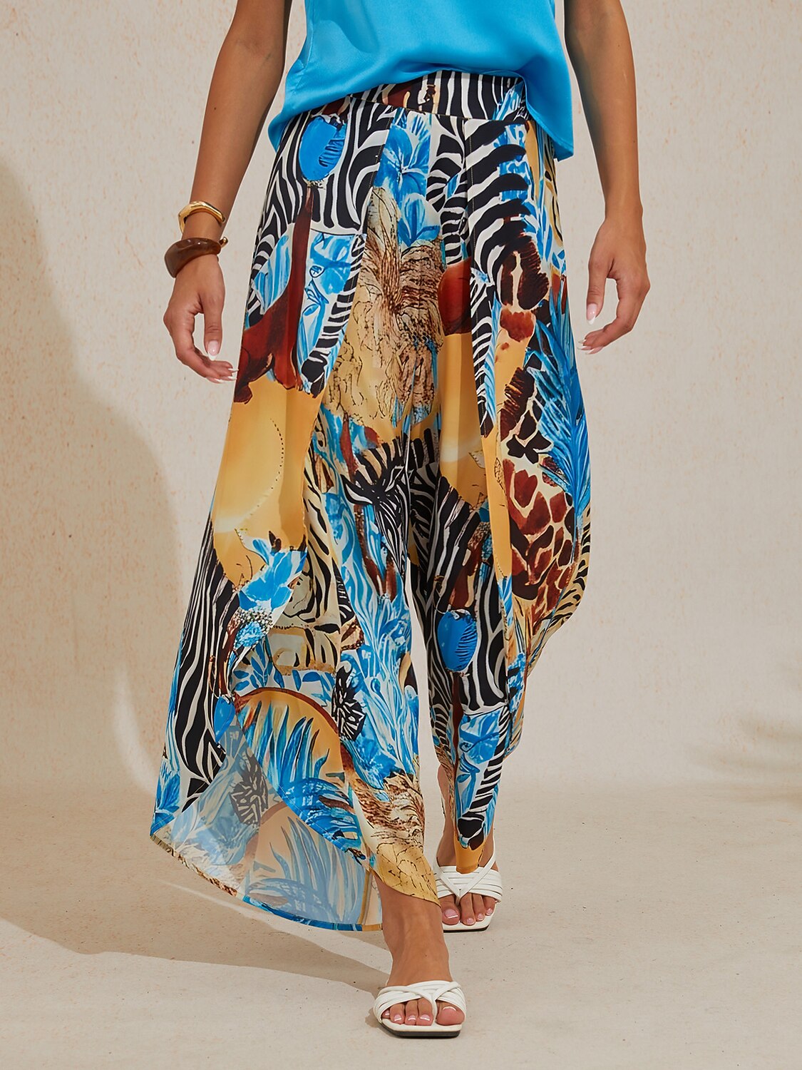 Sapphire Zebra Bloom Silky Satin Slit Wide Leg Pants