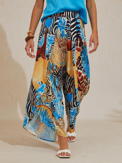 Sapphire Zebra Bloom Silky Satin Slit Wide Leg Pants