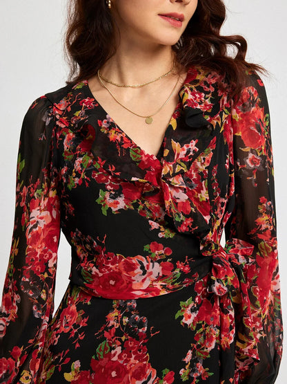 Chiffon Floral Print Adjustable Waist Maxi Dress