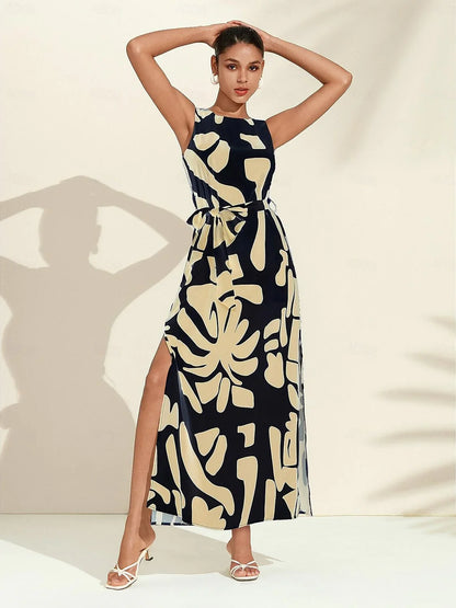 Vintage Leopard Jewelry Silky Satin Maxi Dress