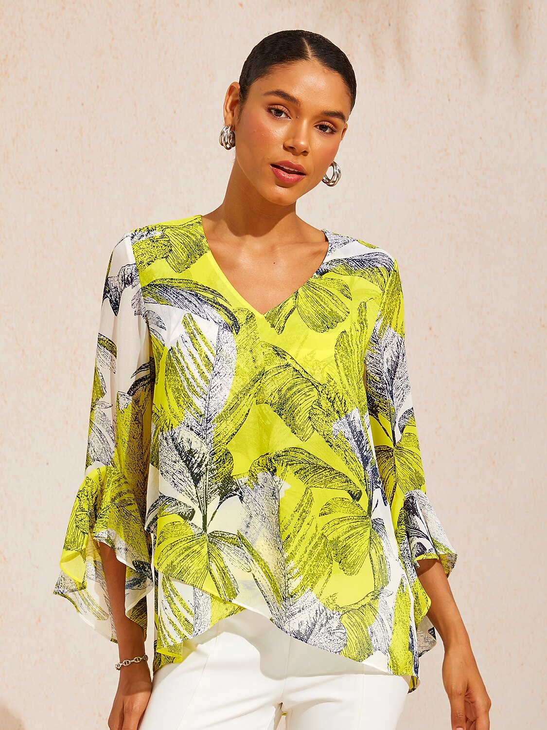 Citrus Palm Luxe Flowy Chiffon Blouse