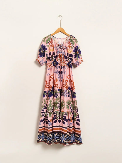 Floral Print Lace Up Short Midi Dress