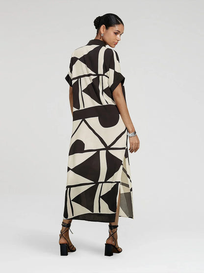 Short Geometric Print Loose Fit Double Slit Maxi Dress