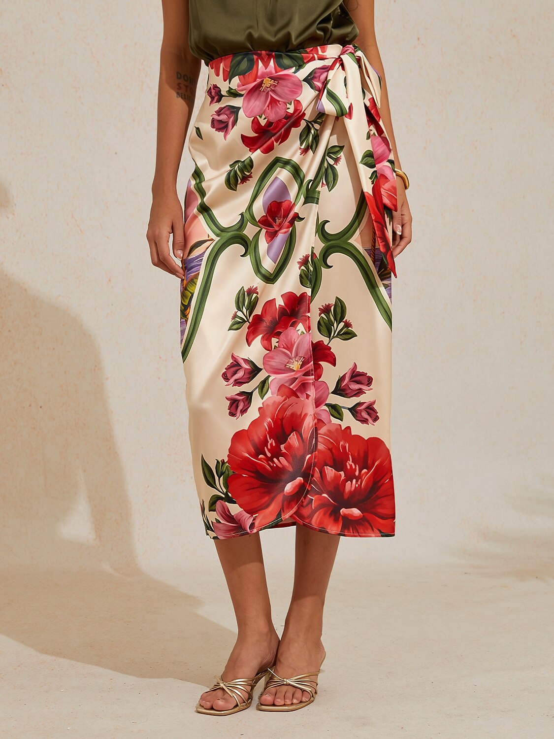 Hawaii Palm Silky Satin Wrap Skirt