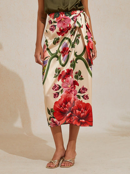 Hawaii Palm Silky Satin Wrap Skirt