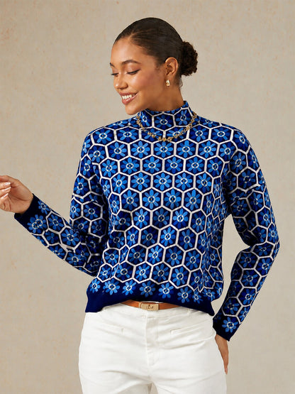 Blue Floral Core Spun Yarn Mock Neck Pullover