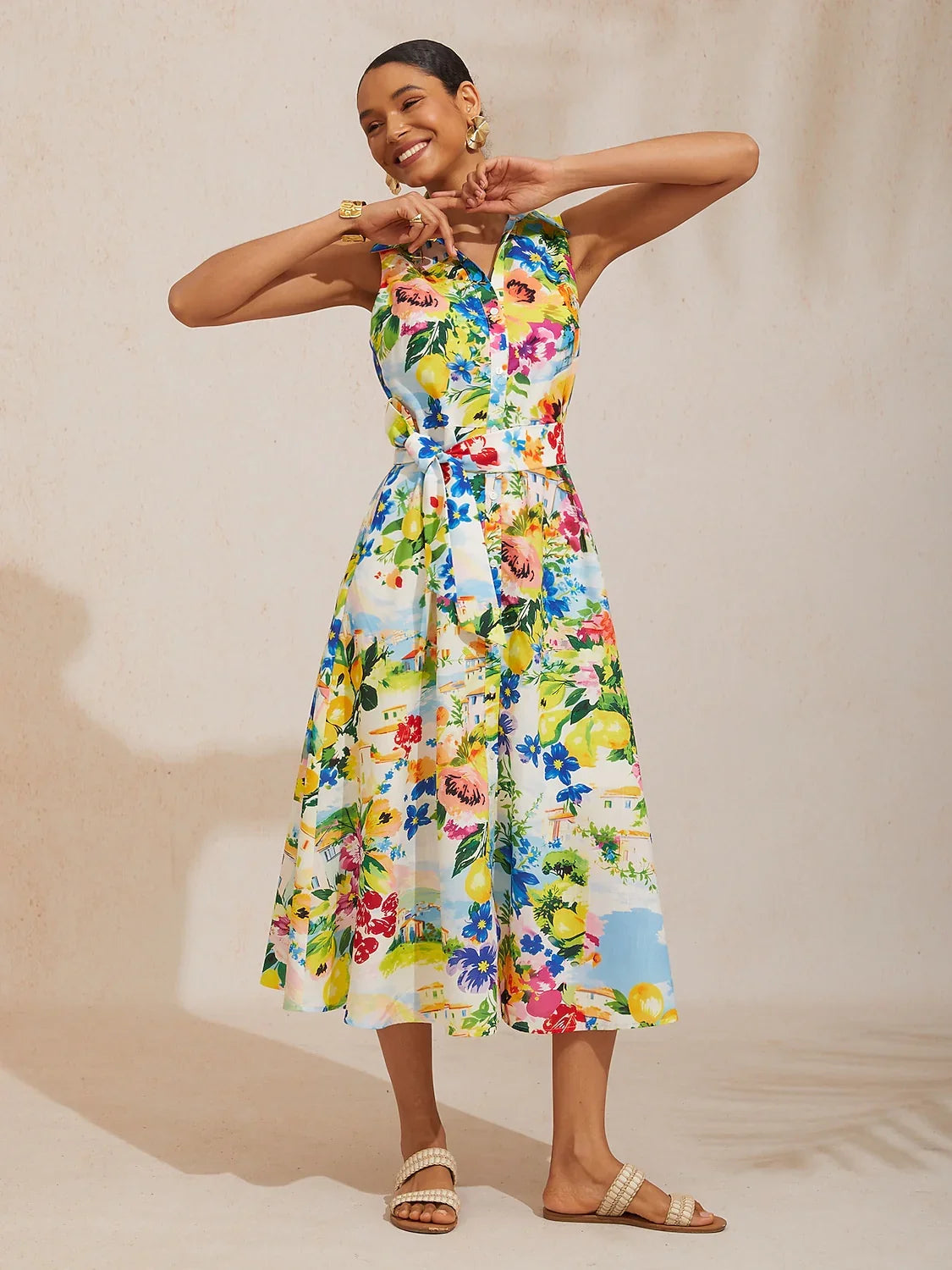 St Barth Blooms Airy Linen Look Blue Shirt Dress