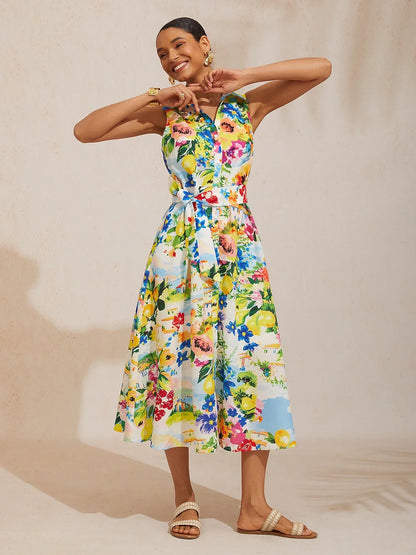 St Barth Blooms Airy Linen Look Blue Shirt Dress