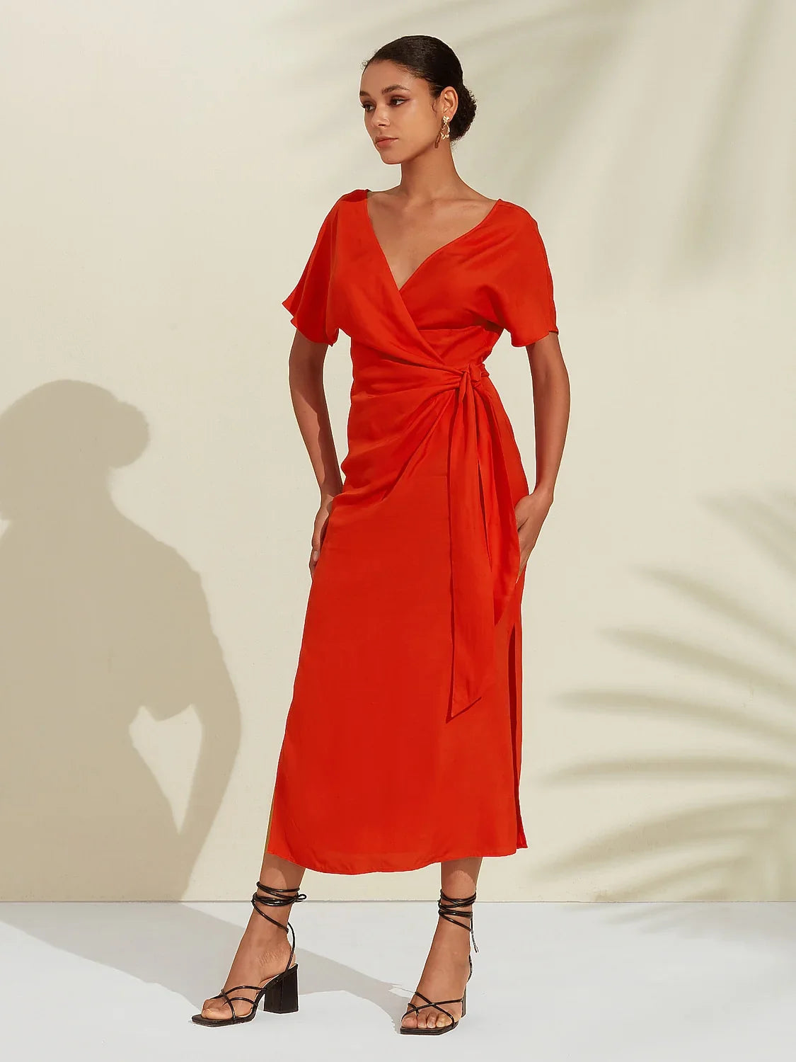 Tencel Linen Shirred Wrap Midi Dress