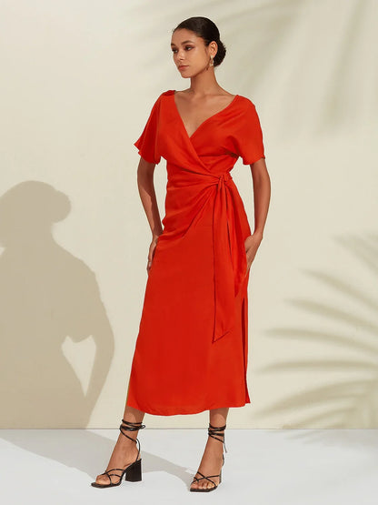 Tencel Linen Shirred Wrap Midi Dress