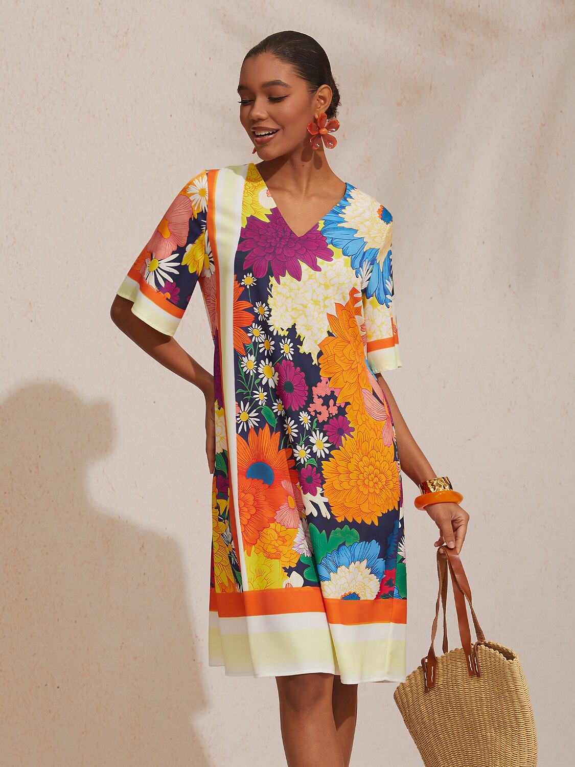 Satin Floral Print Midi Dress Travel Vacation Casual