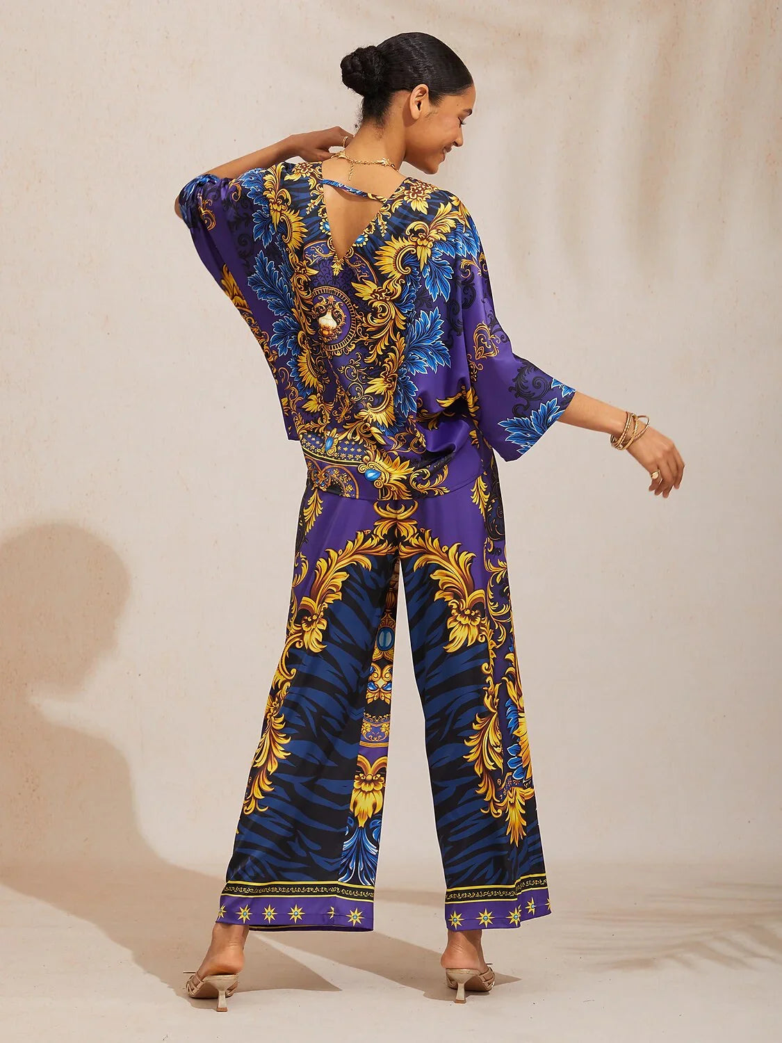 Midnight Blue Baroque Satin Elastic Waist Straight Pants