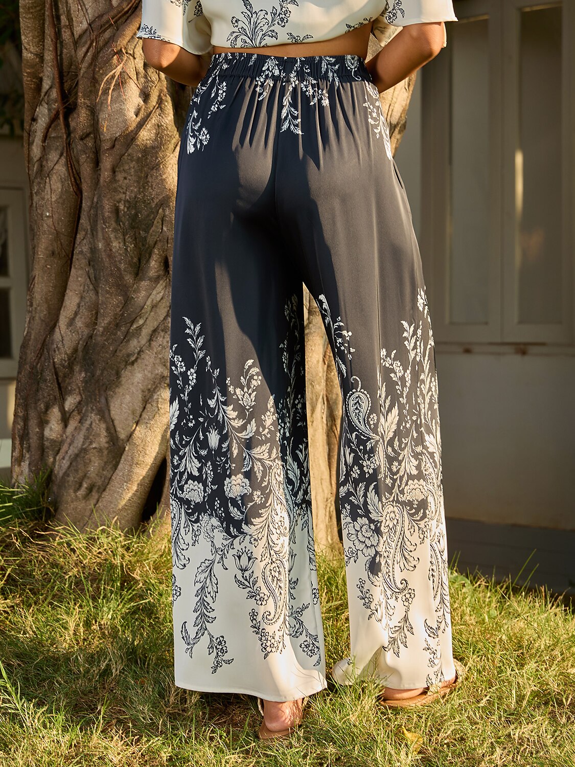 Artistic Graphic Silky Satin Wide Leg Pants