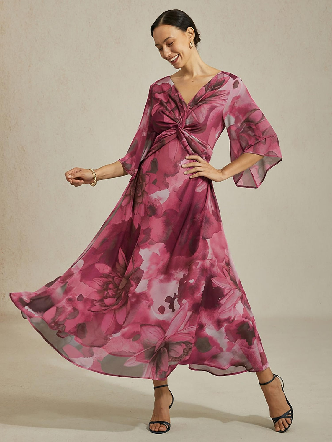 Robe maxi en mousseline à imprimé floral abstrait vert et nœud torsadé