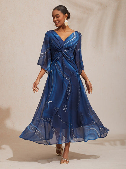 Women's Maxi Dress Blue Galaxy Gradient Print V Neck Front Twist Knot Three Quarter Flared Sleeves Travel Vacation