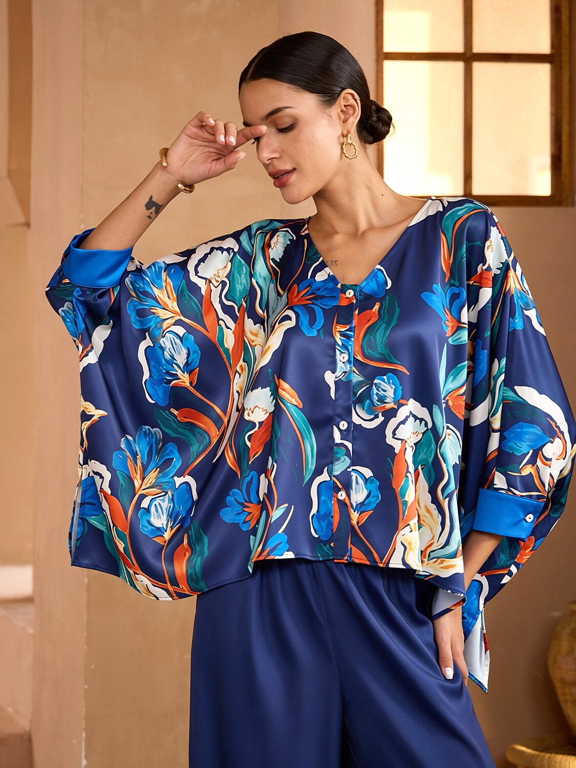 Blue Watercolor Iris Satin Batwing Top