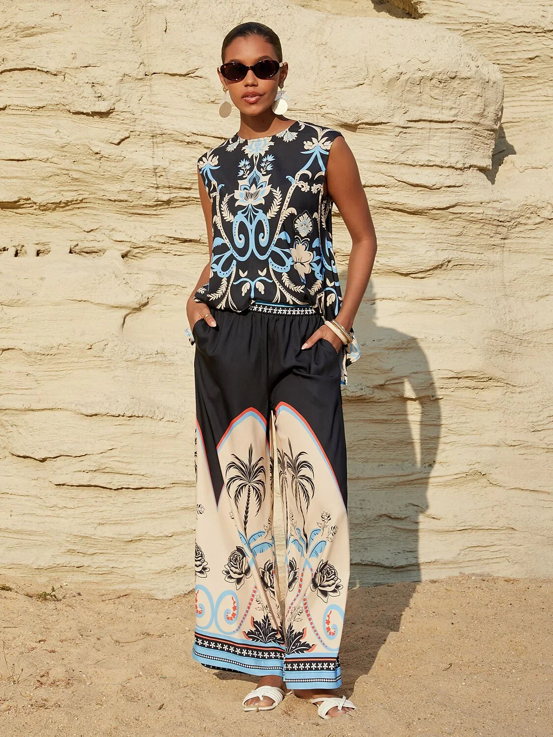 Summer Night Palm Silky Satin Vacation Top