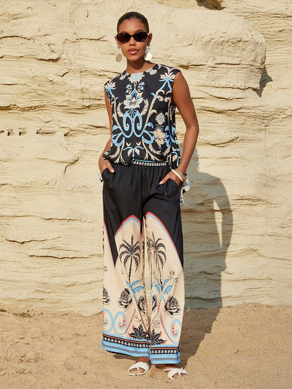 Summer Night Palm Silky Satin Vacation Top