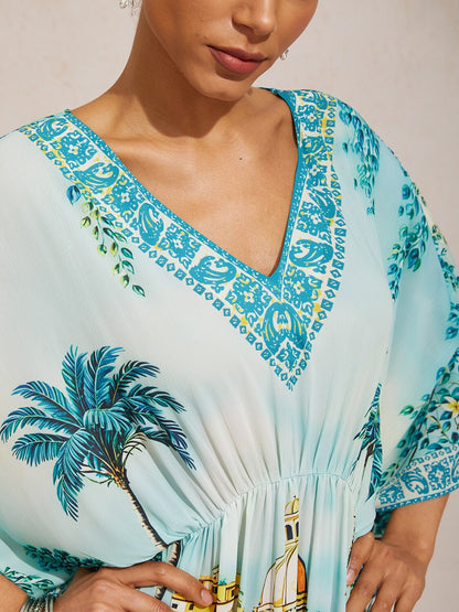 Balearic Islands Blue Flowy Chiffon Dolman Sleeve Kaftan