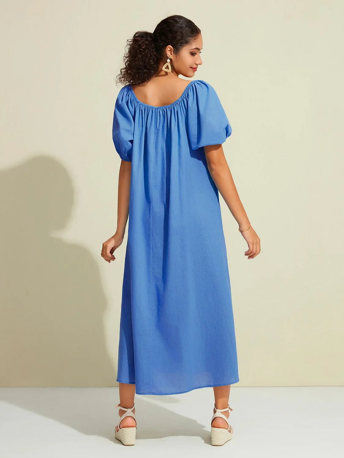 Cotton Resort Loose Fit Off-Shoulder Puff Maxi Dress