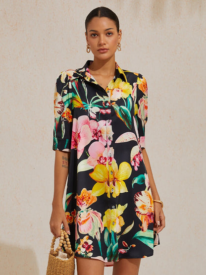 Midnight Floral Carnival Silky Satin Shirt Dress