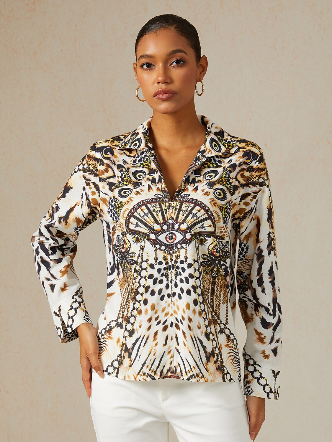 Vintage Leopard Jewelry Linen Look Blouse
