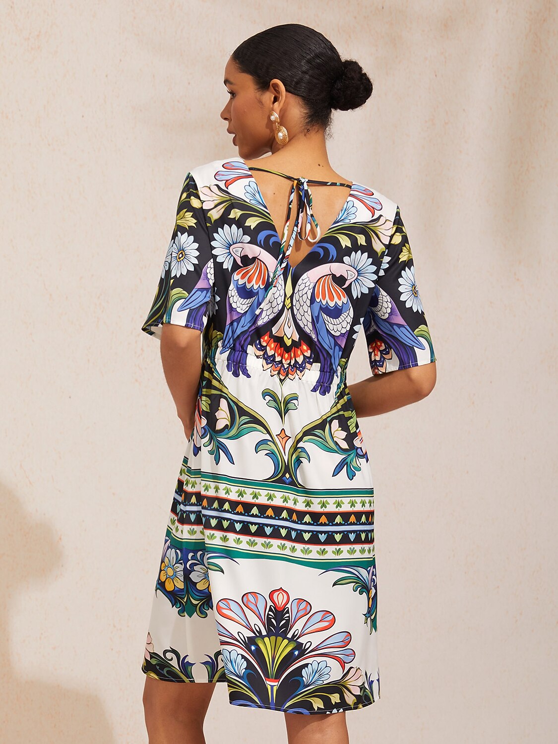 Bird Flower Silky Satin Straight Mini Dress