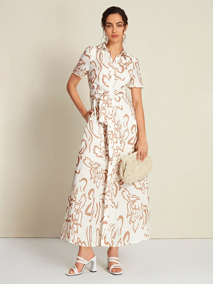 Abstract Floral Linen-Style Classic Shirt Dress