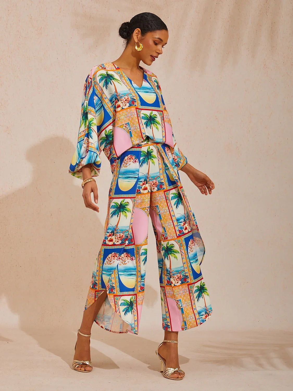 Summer Escape Curved Hem Cross-over Satin Wide leg Pants