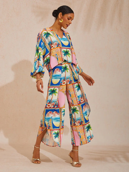 Summer Escape Curved Hem Cross-over Satin Wide leg Pants