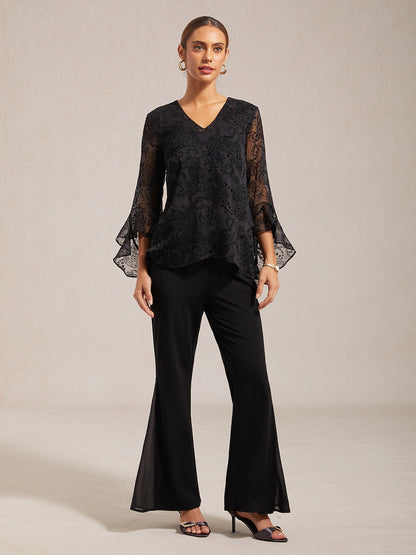 Flocked Chiffon V Neck Sheer Blouse Party Vacation