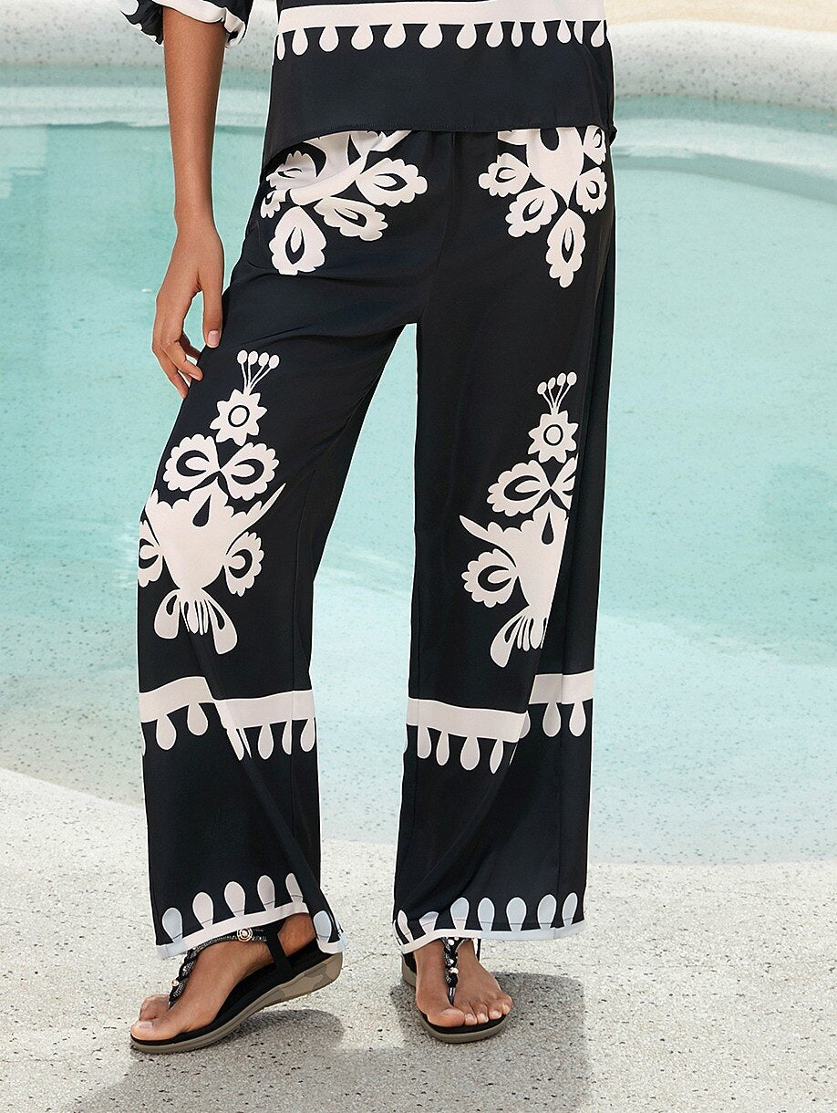 Black Ethnic Print Straight Leg Satin Pants