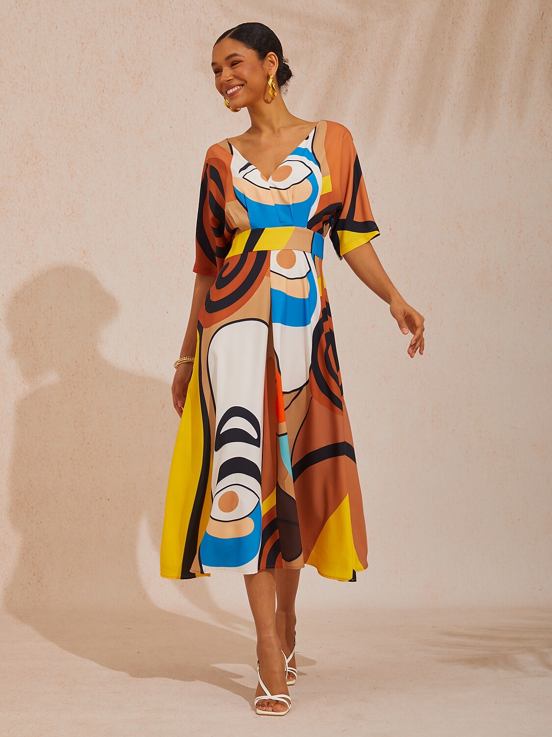 Robe Longue Vacances Satinée Effet Soie Art Abstrait