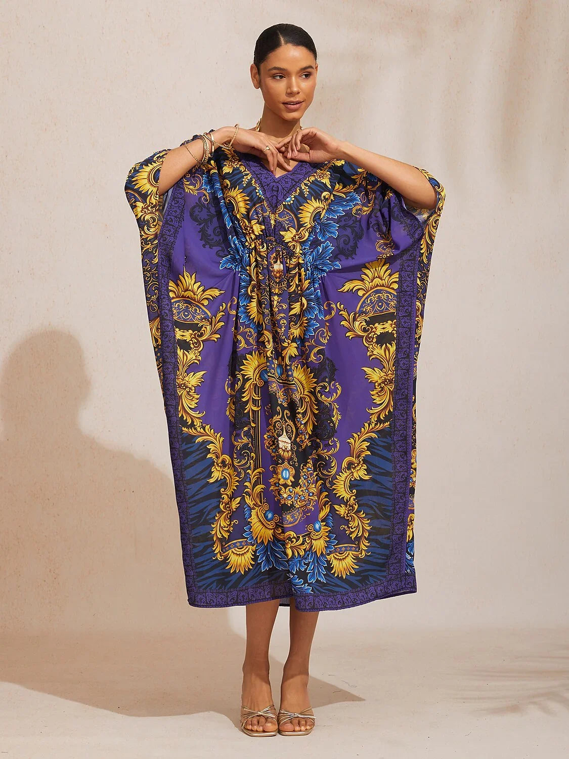 Midnight Blue Baroque Flowy Chiffon Dolman Sleeve Kaftan