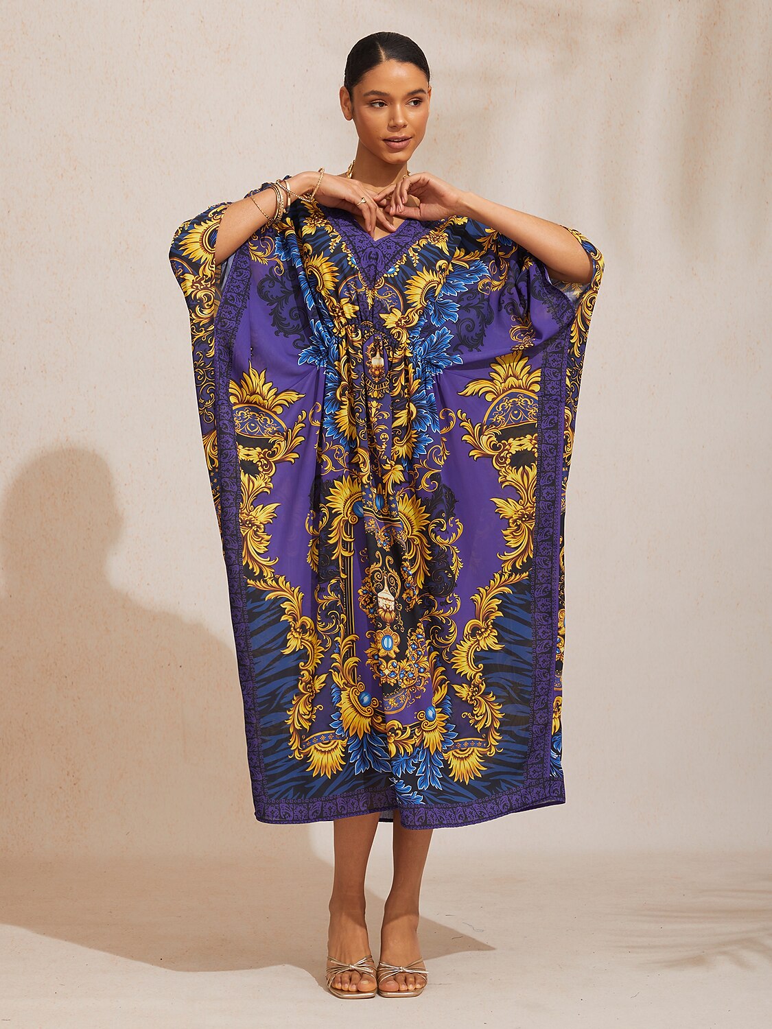 Midnight Purple Baroque Flowy Chiffon Dolman Sleeve Kaftan