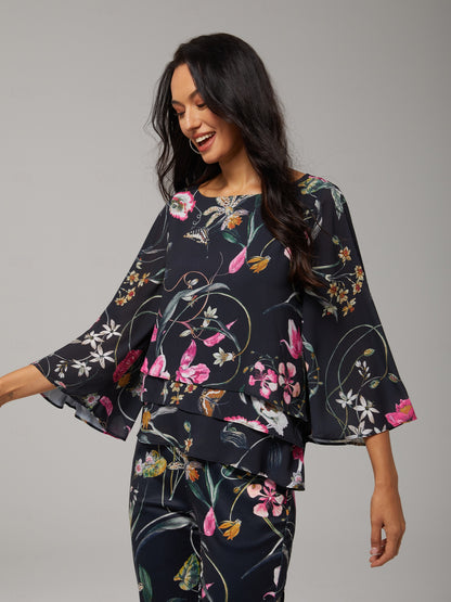 Black Chiffon Floral Print 3/4 Loose Round Blouse