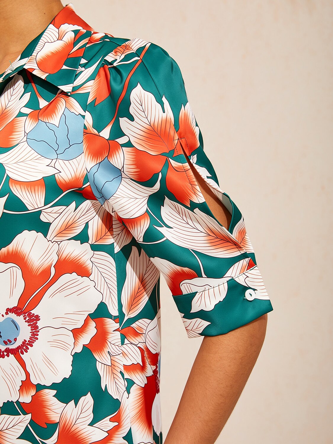 Deep Green Hibiscus Silky Satin Shirt Dress