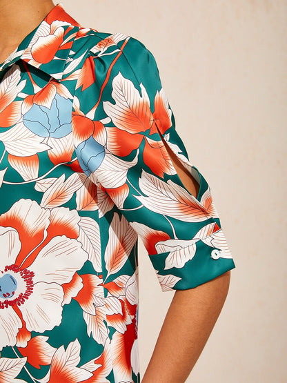 Deep Green Hibiscus Silky Satin Shirt Dress