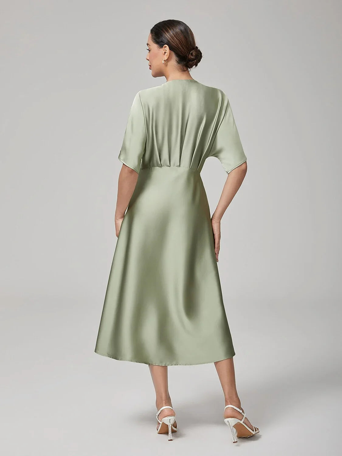 Elegant Pleat V-Neck Dolman Sleeves Satin Dress