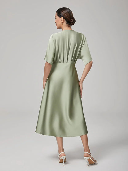 Elegant Pleat V-Neck Dolman Sleeves Satin Dress