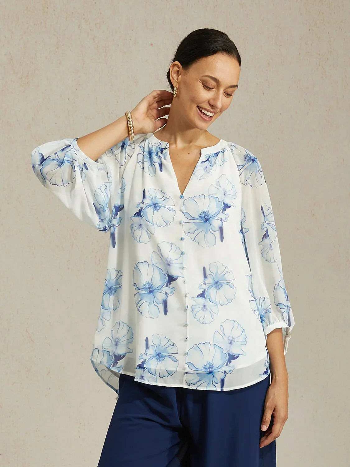 Elegant Ink Floral Chiffon Blouse