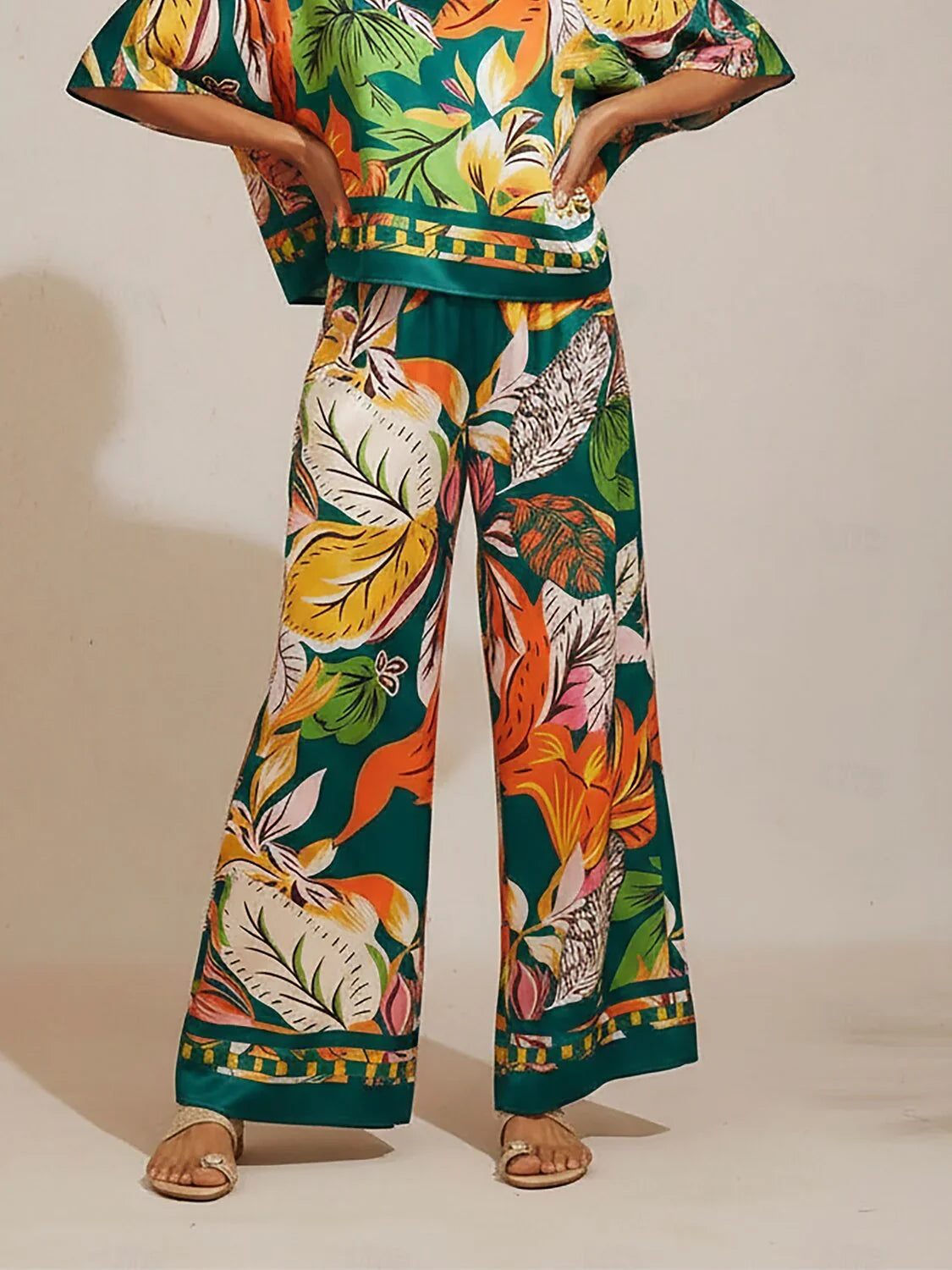 Wild Hibiscus Dream Silky Satin Wide Leg Pants