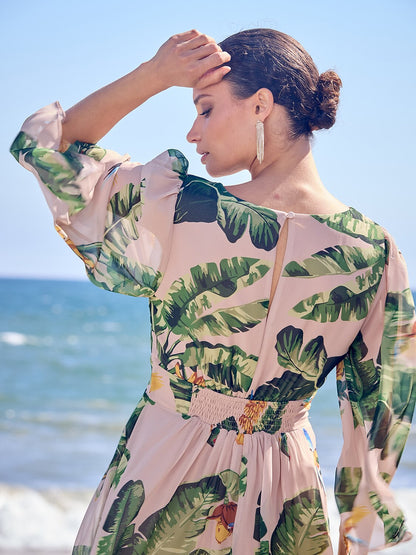 Chiffon Botanical Print Flowy Maxi Dress Vacation