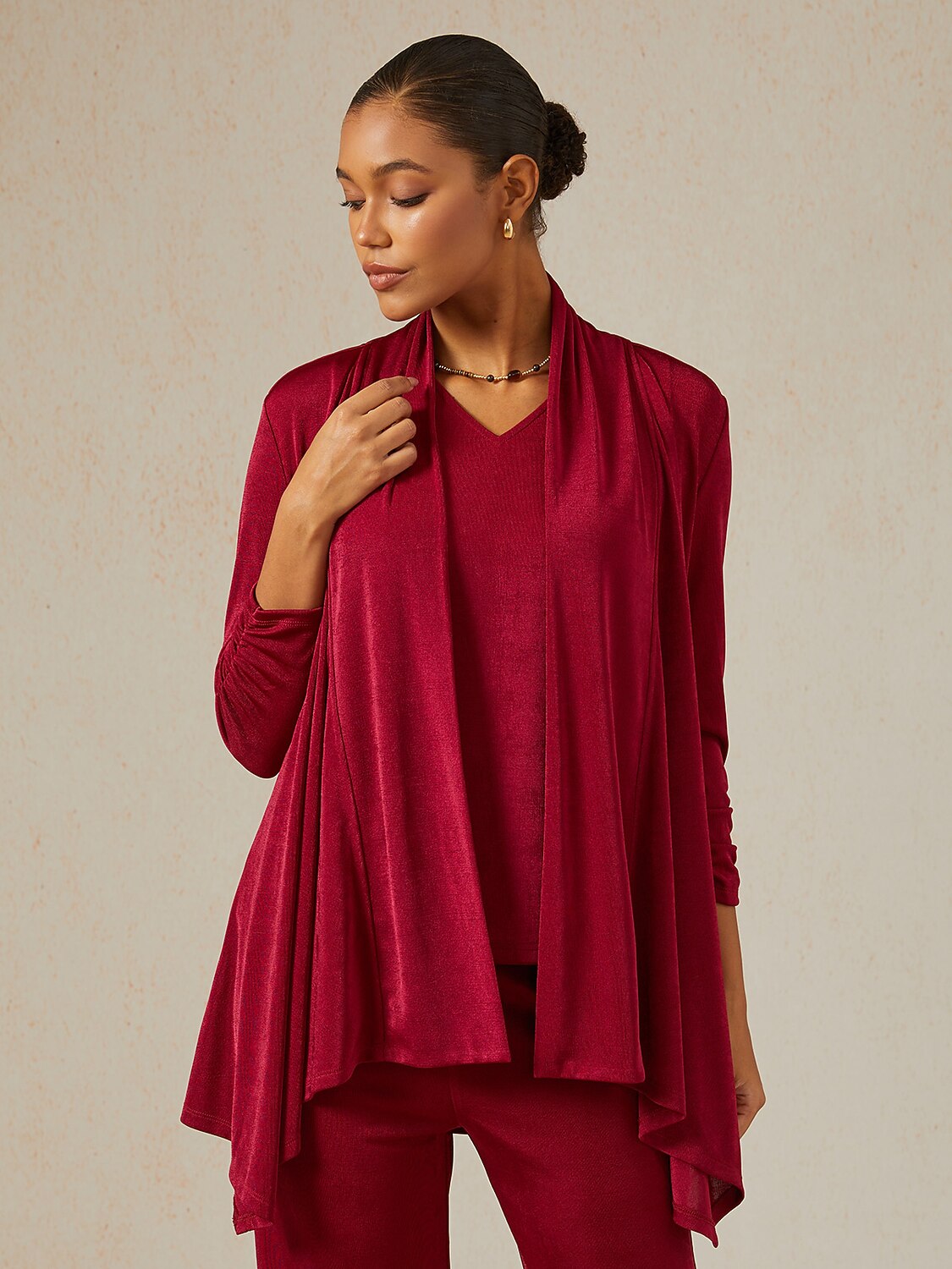 Acetate Look Stretch Knit Ruched Sleeve Jacket